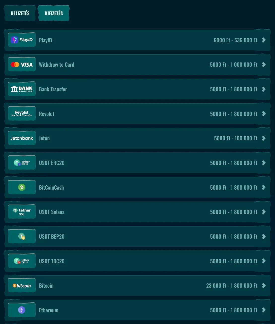 Kifizetési módok a Spinanga casino
